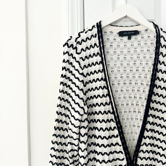 St. John Black White Open Knit Swirl Textured Hook Closure Long Cardigan Large - Picture 2 of 12